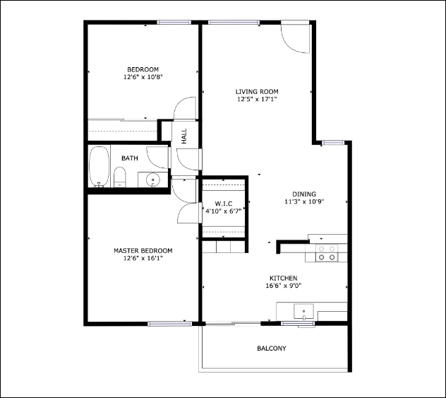 Floor plan for 2 beds, 1 bath, 920 sqft